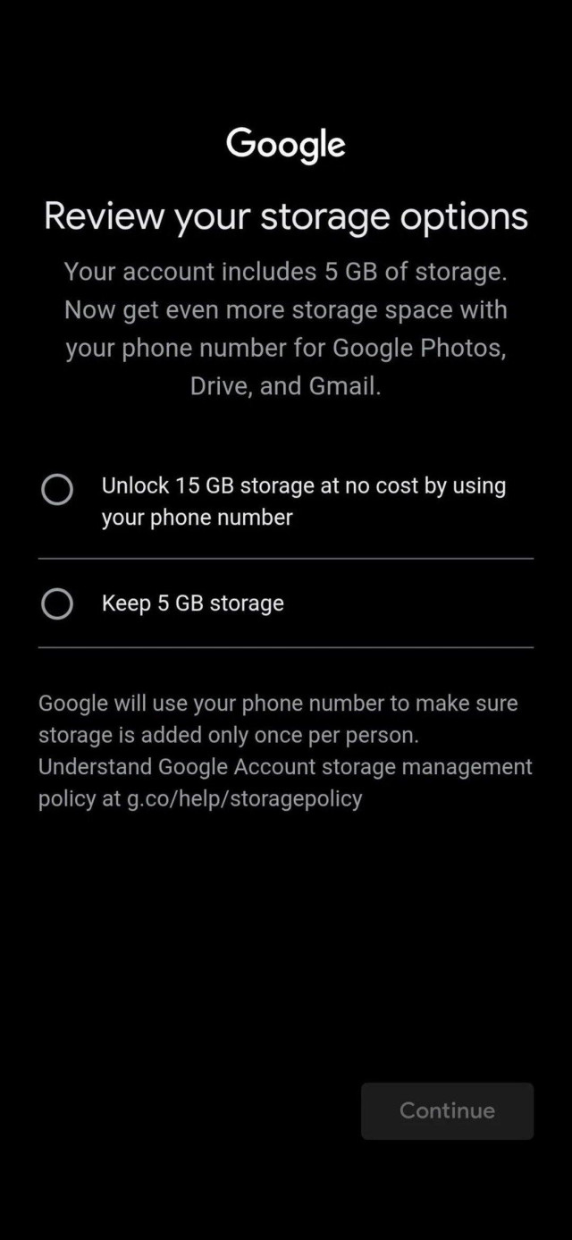 Screenshot of Google's review your storage options: unlock 15 GB storage at no cost by using your phone number or Keep 5 GB storage. 