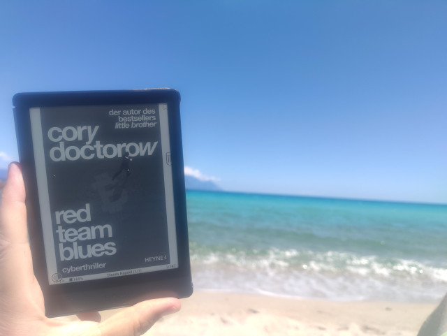 eine Hand hält einen ebook reader, auf dem das Buch red blue Team zu sehen ist. im Hintergrund ist Meer und Strand