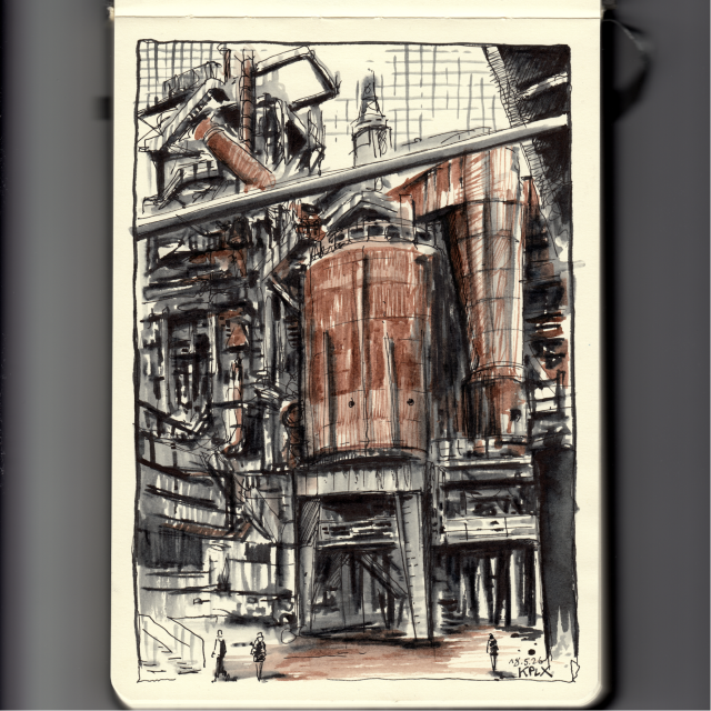 Urban Sketch, Sketchbook Ink Drawing, Landschaftspark Duisburg, Industrieanlagen