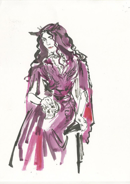 Ink drawing in maroon and black of woman in gown/dress seated and ornamental skull in her lap, and hand resting on it