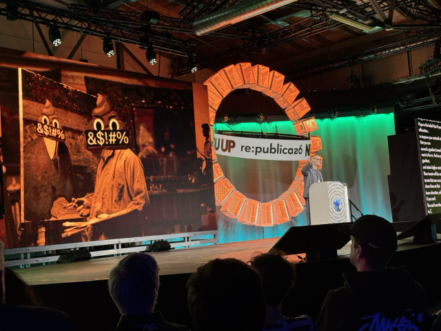 Cory Doctorow talking on stage at re:publica 26