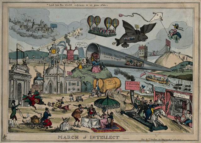 Eine historische Kollage aus dem 19. Jahrhundert das unter anderem eine frühe Idee eines Hyperloop, einer Transportkapsel in einer Vakuumröhre