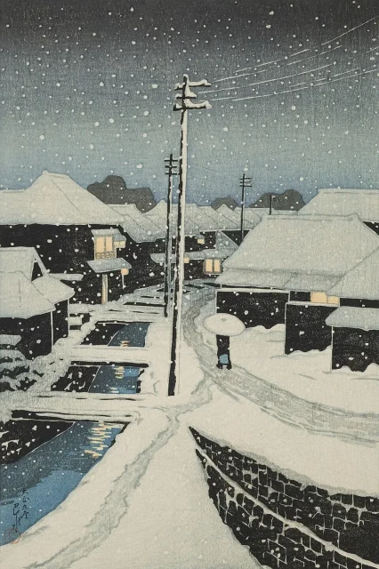 A print of a quiet, snow-covered street in Terajima Village, an area of Tokyo historically known for its water channels and traditional homes. A lone figure holding an umbrella walks away down a trodden path, while a telephone pole cuts vertically through the frame.