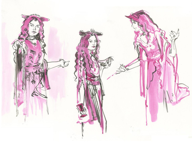 3 ink drawings of costumed woman in elaborate gown with long ornate sleeves, red hair, a headdress, a wine glass a fake pigeon. 