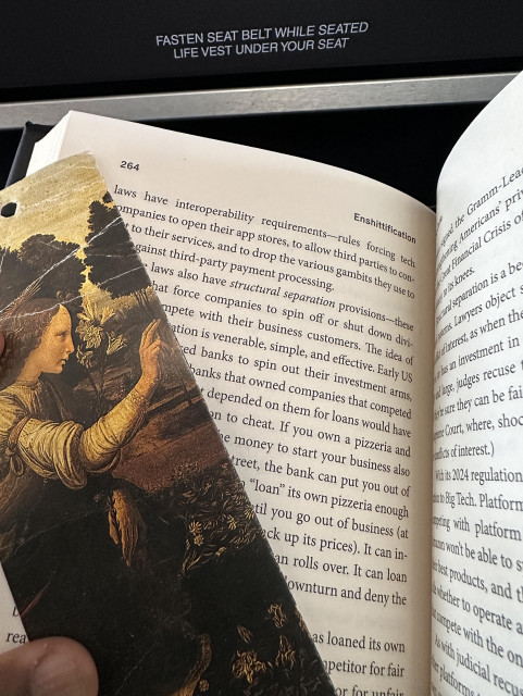 An open book showing a page number and the word enshittification. A bookmark is on the left page. 