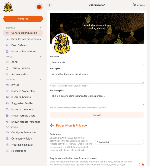 Screenshot of the Bonfire admin dashboard. There are a LOT of settings! More than Mastodon.