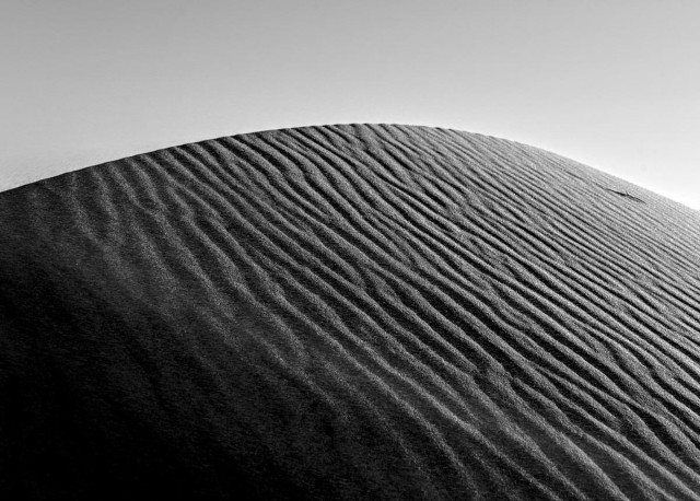 A black and white landscape photo of the top part of a sand dune. The top of the dune forms a dome across the frame from left to right. There a lots of squiggly lines / ridges from wind blown sand flowing down from the dune crest toward the lower right. The sky above the top of the sand dune is clear. 