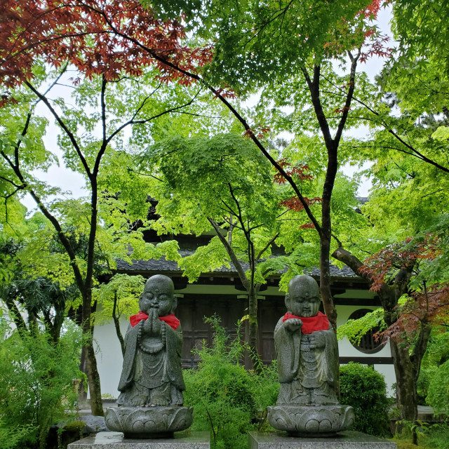 Small child-like Warabe Jizo statues beneath the green leaves at Eikan-do.