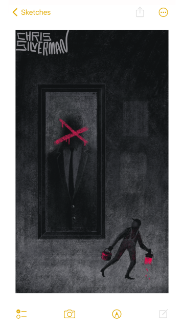 A very large, tall portrait hangs in a darkened hall. The portrait shows an imposing figure wearing a dark suit and tie. The figure's head is just a black blur, with a large red X crudely painted over it. To the right of the portrait on the wall are a few lighter patches where other pictures once hung. Below and to the right, running away from the painting, is a person wearing gray overalls and a hat. The person is holding a paintbrush with bright red paint, and carrying a paint can. This is a mostly black and gray painting, except for the red paint. It is signed "Chris Silverman".
