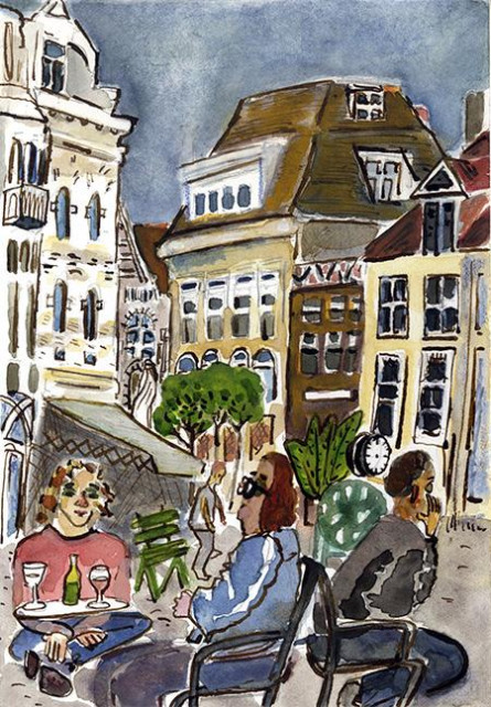 #UrbanSketching #Art #Watercolor #City #Crowd #Spring #Sketch #Sketchbookpage #TheHague in #Spring #PleinAir #Traveljournal 