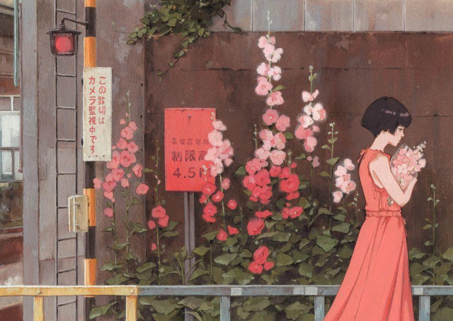 a traditional painting of a girl wearing a pink dress walking by pink flowers