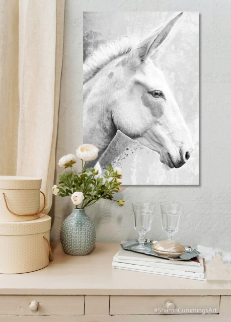 Black and white donkey in a decor setting by artist Sharon Cummings.