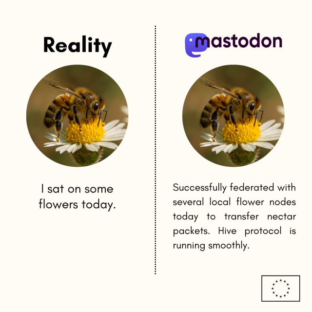 An image split vertically into two sections separated by a dotted line, both featuring a close-up of a bee on a daisy. On the left, labelled 'Reality,' with the text 'I sat on some flowers today.' On the right, with the Mastodon logo, the text reads 'Successfully federated with several local flower nodes today to transfer nectar packets. Hive protocol is running smoothly.' There is a European Union flag is in the bottom right corner. 