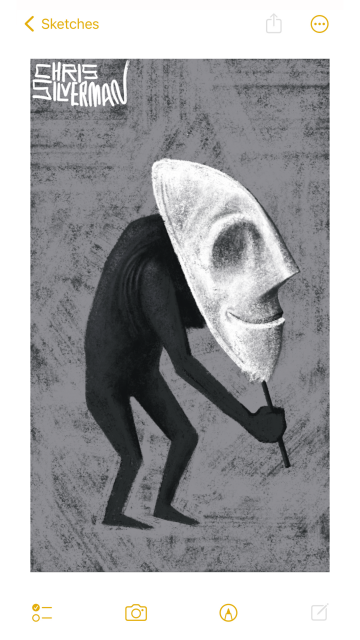 A dark, hunched figure holds a white mask over its face. The mask has a strange smile and does not have any eye holes. The figure itself has smooth dark gray skin that wrinkles around its shoulders, as though it is wearing a suit of some sort. It is standing against a light gray background. The painting is signed "Chris Silverman".
