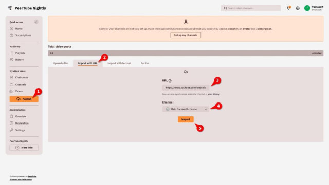 Screenshot of the import from URL page in the PeerTube interface.

1. In the menu, click on "Publish".
2. Go to "Import from URL" tab.
3. Insert your URL.
4. Choose your channel.
5. Click on the "Import" button.