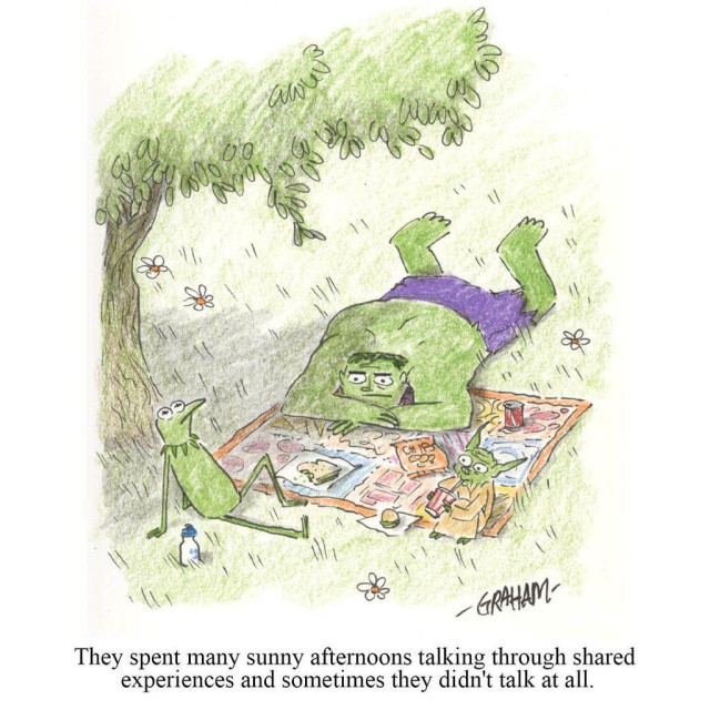 A cartoon illustration of Kermit, The Hulk, and Yoda all sitting under a tree enjoying a picnic. Caption reads "They spent many sunny afternoons talking through shared experiences and sometimes they didn't talk at all."