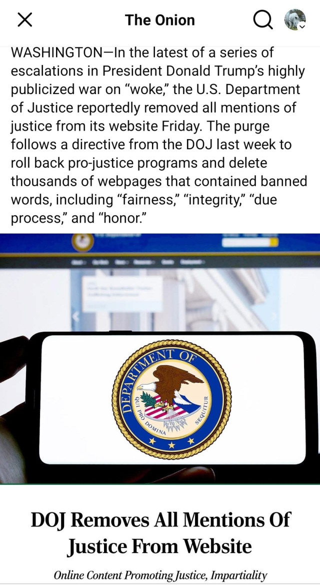 Headline "DOJ removes all mentions of justice from website"