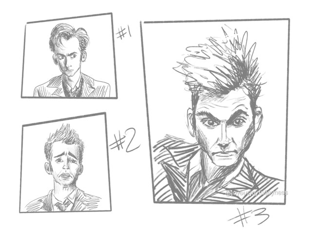 Three digital sketches of David Tennant with frames drawn around each, and numbered 1-3.