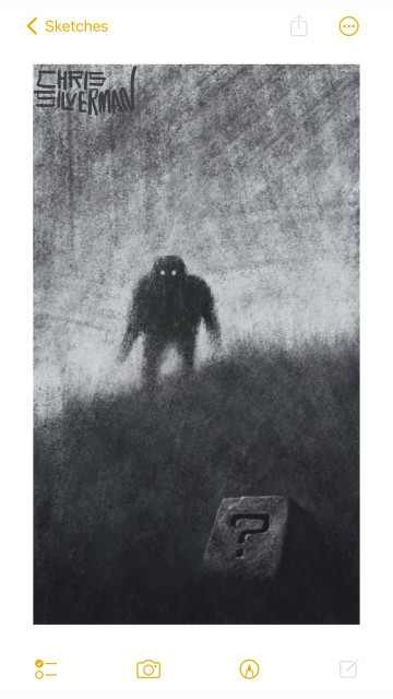 A dark, grassy hillside under a gray sky. In the foreground is a stone cube with a question mark engraved on it, similar to the question boxes seen in Nintendo's Mario games. Standing in the distance, on the top of the hill, is a dark silhouette with glowing eyes. This is a grayscale painting, signed "Chris Silverman".
