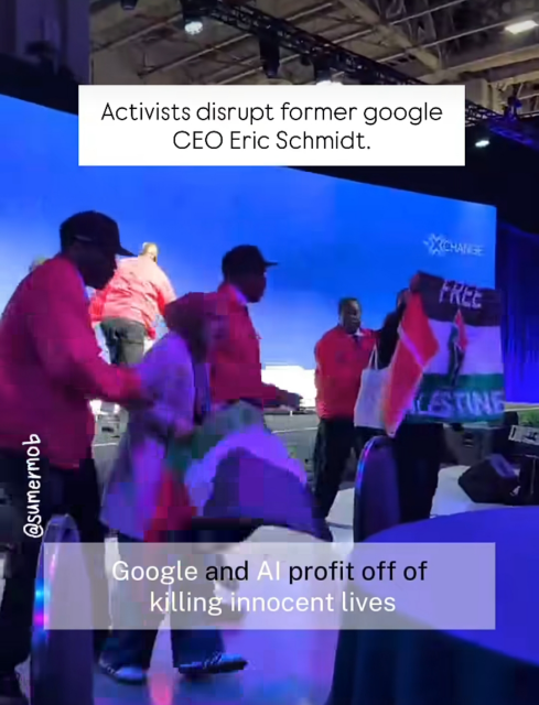 A Palestine flag is unfurled whilst guards try and take protesters off the stage