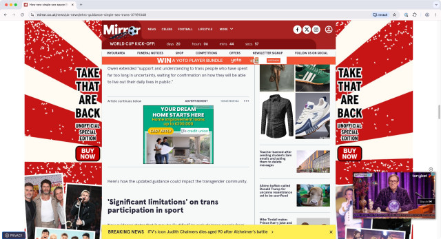 Screenshot of the Mirror rag’s web site inundated with ads to Take That, a dream home, and tonybet.