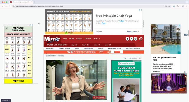 Another screenshot of the same page, refreshed, showing ads for printable chair yoga, a holiday place, the dream home and tonybet ad. There’s almost nothing of the “article” you can see.