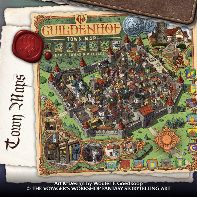 A highly detailed isometric town map of Guidlenhof in full colour referencing all the places of interest.