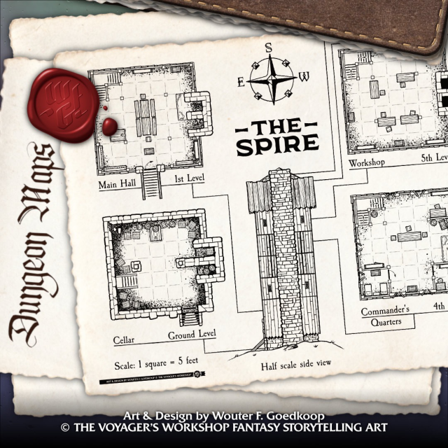 A dungeon map of the Spire, a multi-storied watchtower that can also be printed and used as battle map.