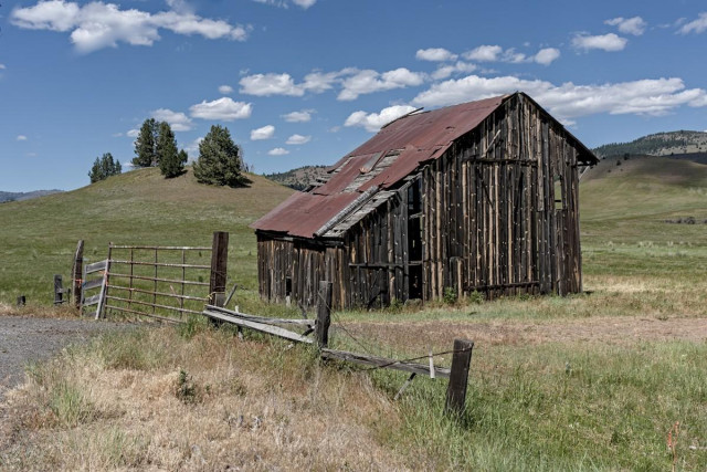A color landscape photo of an old small oddly shaped barn, a green pasture, and rolling hills in the background. A small hill on the left has a couple of conifer trees on it. There's a gate and fence on the left with the barn on the right. It is an odd shape with a long sloped roof on the left and a much shorter roof on the right. The sky of blue and dotted is small puffy clouds.