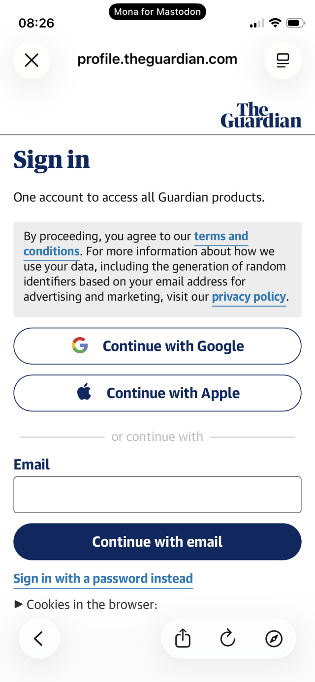 Screenshot of the sign in page showing that I’m signed out.