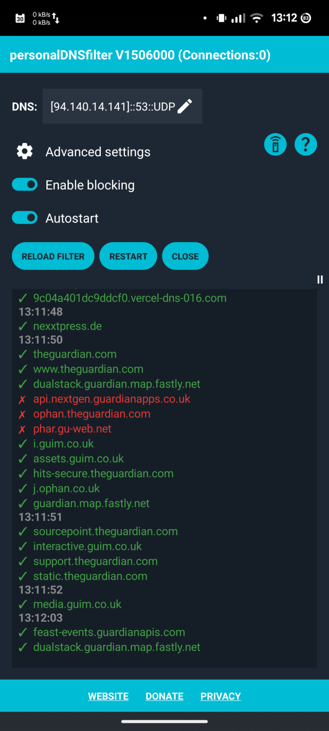 Screen shot from personalDNSfilter app which shows the DNS calls from one single visit to The Guardian. Most DNS entries are green, just a few are red which means they're known as tracking/advertising and have been blocked by the DNS filter.