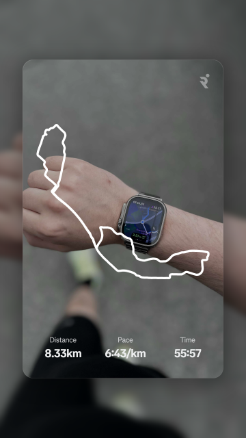 A person wearing a smartwatch shows a running route overlay on their arm, with statistics for distance, pace, and time displayed.