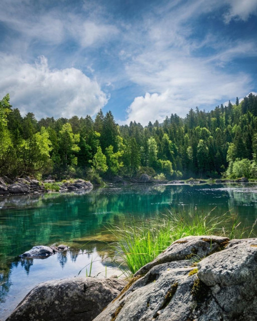 A vertical landscape photograph of an idyllic, crystal-clear mountain lake in the Alps. In the foreground, large, grey, partly moss-covered rocks and lush green grasses line the shore. The lake's water shimmers in deep shades of turquoise and emerald green, making parts of the lakebed visible. In the background, a dense, vibrant green coniferous and mixed forest stretches out, perfectly reflecting on the calm surface of the water. Above the scenery, a dynamic blue sky with soft, white cloud formations unfolds. The image evokes a peaceful and untouched atmosphere.