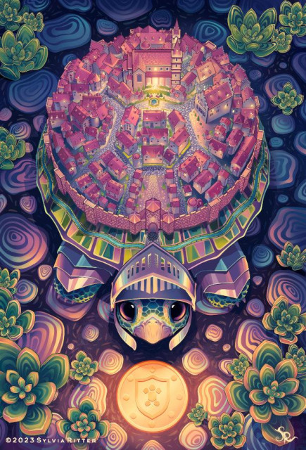 It shows a hard-working but slow-moving turtle that works all day. It has a whole medieval town on its shell. Wearing a helmet and armor on its feet. You can rely on this strong-willed, trustworthy, and ambitious knight. Though, not familiar with leisure time or fun. Very disciplined. Keeping routines to be a true perfectionist. Surrounded by plants and colorful cobblestones. This is the 48th card of my deck in development https://www.deviantart.com/sylviaritter/art/Knight-of-Coins-954564602.