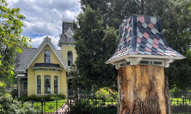 The same historic house in the left background behind trees and a decorative, low iron fence. There is a very large stump of a former cottonwood tree in the right foreground with a slate-tiled cupola roof on top of the stump that in the same style as the house behind.