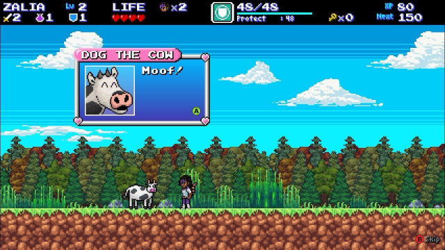Screenshot of Enigma Heart. Zalia greets "Dog" the Cow, who says "Moof!"