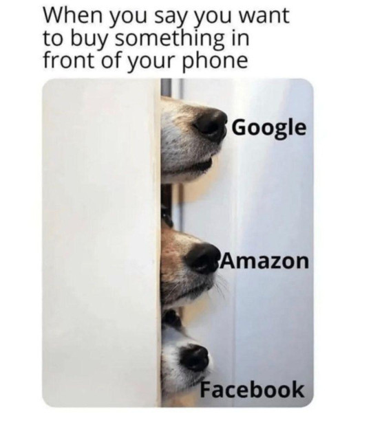 A meme titled "When you say you want to buy something in front of your phone." It shows three dog noses peeking vertically through a small gap in a white door or wall. From top to bottom, the text labels next to each nose read "Google", "Amazon", and "Facebook".