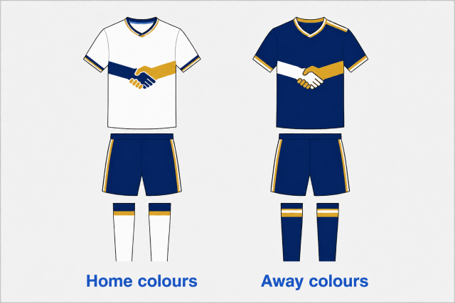 A flat vector soccer kit mockup for Winnipeg Handshakes FC, shown on a light grey background with a thin border. The image presents only the front view of 2 kits. On the left, the home kit has a mostly white jersey with navy and gold trim, navy shorts with gold side stripes, and white socks with navy and gold bands. A large handshake graphic crosses the chest, with one navy arm and one gold arm meeting at the centre. On the right, the away kit has a navy jersey with gold and white trim, navy shorts with gold side stripes, and navy socks with white and gold bands. Its chest also features a large handshake graphic, with a white arm and a gold arm meeting at the centre. Large blue labels at the bottom read “Home colours” and “Away colours.”