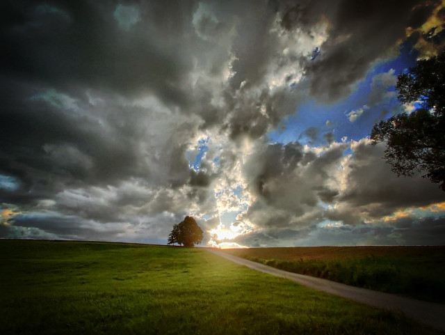 Das Foto wirkt sehr dramatisch und atmosphärisch. Zu sehen ist eine weite Landschaft mit einer schmalen Straße, die sich durch grüne Felder bis zum Horizont zieht. Im Mittelpunkt steht ein einzelner Baum, der nahe der Straßenkante steht und fast silhouettenhaft erscheint.

Der Himmel dominiert das Bild: Dunkle, schwere Wolken türmen sich bedrohlich auf und bedecken einen Großteil des Himmels. Gleichzeitig bricht in der Mitte helles Sonnenlicht durch die Wolken und erzeugt einen starken Kontrast zwischen Licht und Schatten. Einige blaue Himmelsstücke sind sichtbar, besonders auf der rechten Seite, was Hoffnung oder einen Wetterumschwung andeutet.

Die Stimmung des Bildes ist intensiv und fast filmisch – eine Mischung aus Ruhe, Naturgewalt und Dramatik. Die Perspektive der Straße zieht den Blick in die Ferne und verstärkt das Gefühl von Weite und Einsamkeit. Insgesamt erinnert das Foto an einen Moment kurz vor oder nach einem Gewitter.