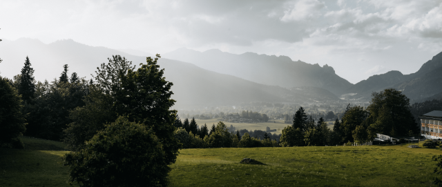 Panoramic landscape with meadows, trees, and mountains in the background under a cloudy sky - moody haze in the air