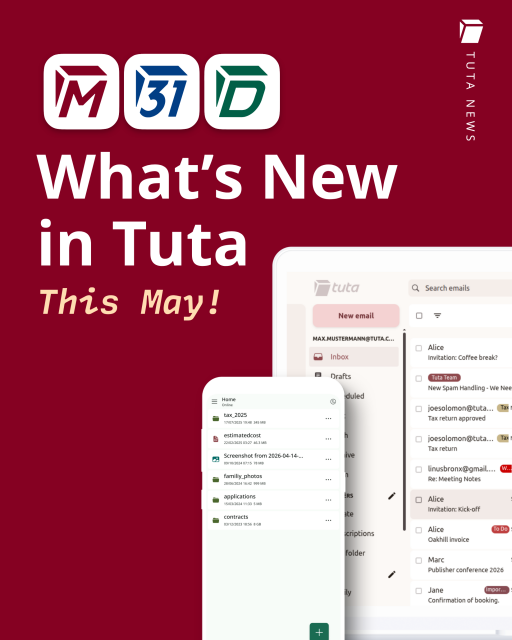Screenshot of the Tuta clients with the title: What's new in Tuta this May