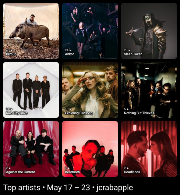 Top artists • May 17 – 23 • jcrabapple

1. Bilmuri
2. Ankor
3. Sleep Token
4. Rain City Drive
5. Exploring Birdsong
6. Nothing But Thieves
7. Against the Current
8. Beartooth
9. Deadlands