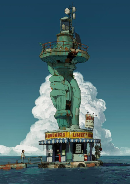 A digital illustration of a quirky, isolated structure floating in the middle of the ocean under a clear blue sky with a massive white cloud. The base is a small souvenir and ice cream shop with a striped awning. Rising from the roof of the shop is a large, weathered green statue hand holding a torch, which has been converted into a lighthouse tower equipped with satellite dishes, communication antennas, and a solar panel. A small figure stands on a wooden dock to the left.