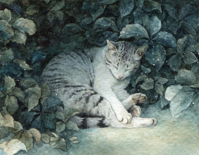 tiny watercolor painting of a tabby cat sleeping peacefully in a bunch of lush blue-green leaves.