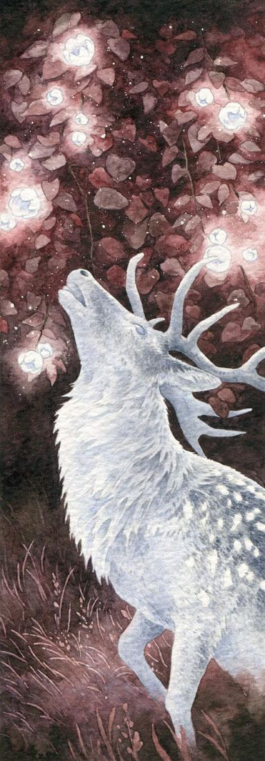 watercolor painting of a white stag standing in the grass under reddish foliage, reaching out with his open mouth towards white glowing flowers that illuminate the night. His coat is very light and he seems ghostly.