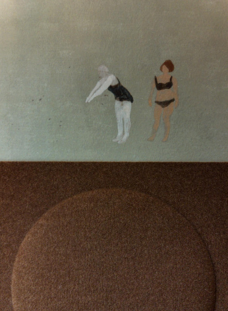 A photo of a somewhat faded wallpaper depicting two figures in swimsuits, one making a divine figure.