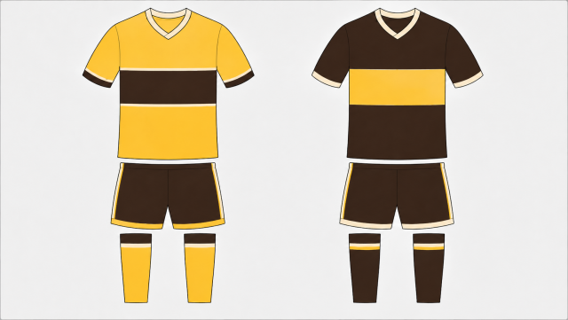 A minimalist soccer kit presentation showing two uniforms side by side against a light grey background.

On the left is the home kit. The jersey is bright Nanaimo bar yellow with a thick horizontal chocolate-brown stripe across the chest bordered by thin white piping. The sleeves are yellow with brown cuffs trimmed in white. The shorts are dark chocolate brown with yellow trim running along the bottom hem and side stripes. The socks are yellow with a brown band near the top separated by a thin white stripe. The overall palette resembles the custard layer and chocolate topping of a Nanaimo bar dessert.

On the right is the away kit. The jersey reverses the colours with a mostly chocolate-brown body and a wide Nanaimo-bar-yellow horizontal chest stripe. The collar and sleeve cuffs are cream-white. The shorts are brown with cream and yellow side striping. The socks are brown with a yellow horizontal stripe near the top. The design is simple, flat, and geometric, resembling a clean modern football kit mockup rather than a realistic fabric render.