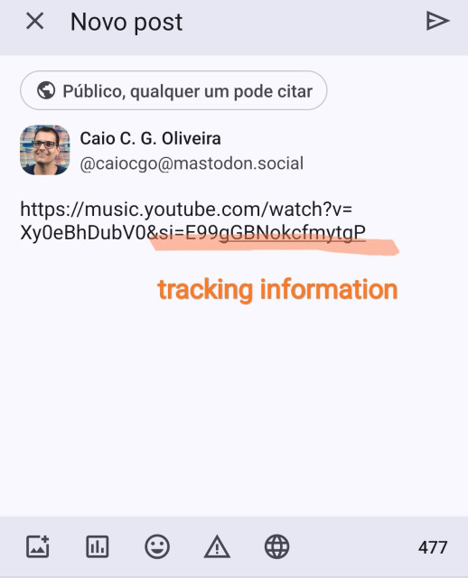 Picture showing the tracking information bit from a URL copied to share a video or music from YouTube or YouTube Music