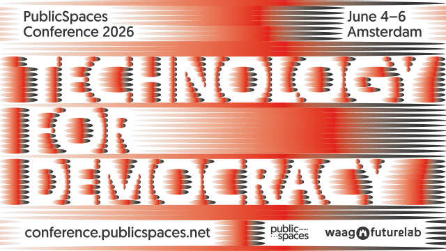 Red, black and white banner highlighting technology for democracy and the publicspaces conference 2026 on 4-6th June in Amsterdam