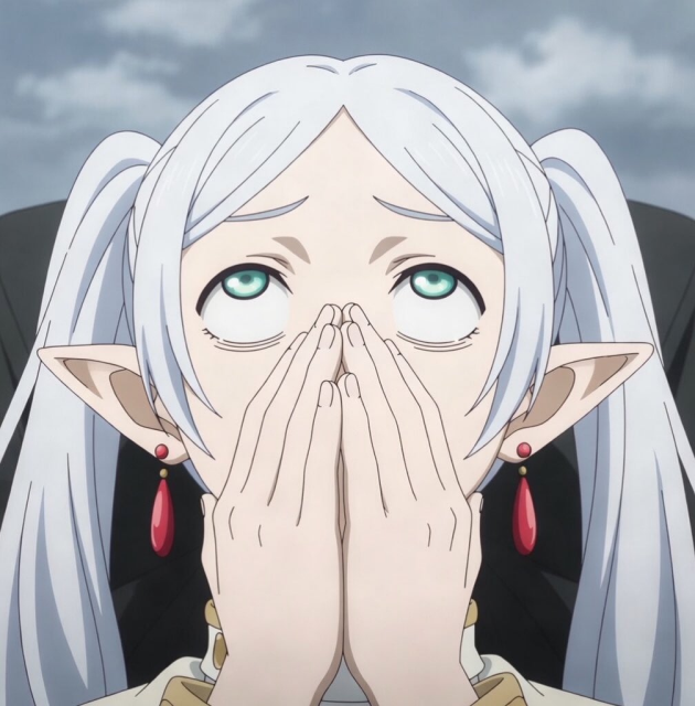 Manga image featuring elf mage character Frieren from the anime and manga series Frieren: Beyond Journey's End (Sousou no Frieren). The image shows the character looking up into the sky while holding their hands over their mouth and nose.